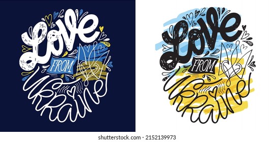 Love from Ukraine. Lettering postcard hand drawn about Support Ukraine. Blue yellow ukrainian flag background.