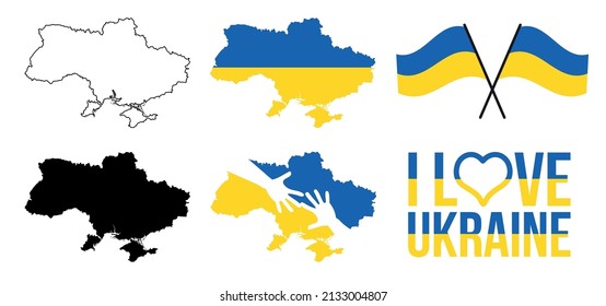 Amo Ucrania. Mapa y bandera de Ucrania. Ayuden a Ucrania. Ilustración vectorial