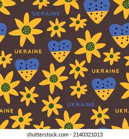 i love ukraine motivational pattern. Stand with ukraine. Support ukraine, stop war with russia. Ukraine vector seamless pattern on dark background, bullets, flowers, heart, ukrainian flag