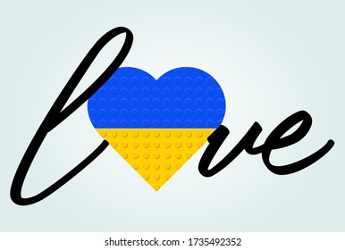 Love Ukraine Text. Flag in heart. Calligraphy text. From plastic building toy bricks or blocks. Vector illustration.