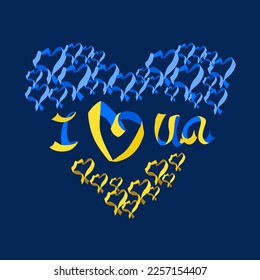 I love Ukraine! Traditional Ukrainian symbols in yellow and blue colors. Heart made of ribbon in the colors of the flag. Vector illustration. Patriotic concept for design and decor. Ethnic motives.
