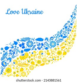 Love Ukraine. Ukrainian flag with ethnic flowers. August 24 Independence day of Ukraine. Suitable for greeting card, poster and banner. Vector illustration