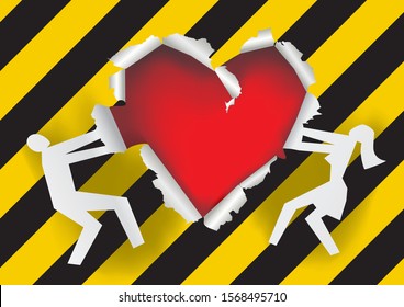 
Love Under Construction, Paper Background.
Torn Paper With Man And Woman Silhouettes With Torn Heart Symbol Symbolizing Relationship Crisis. Vector Available.