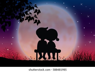 Girl Dog Holding Balloons Watching Moonlight Stock Vector (Royalty Free ...