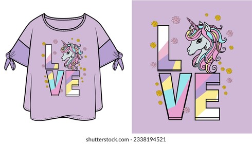 love and unicorn beautifull flowers t-shirt graphic design vector illustration 