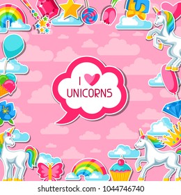 I love unicorns. Card with unicorn and fantasy items.