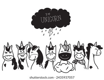 I Love Unicorns , Hand Drawn Doodle Expression
