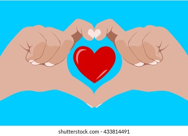 Love and union concept, hand forming a heart shape and framing a red heart on blue background for wedding and valentine's day cards