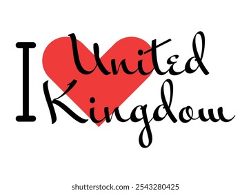 I love United Kingdom. Hand drawn letters with red heart. Vector illustration, lettering in modern design for print t shirt, banner, poster, sticker or label.