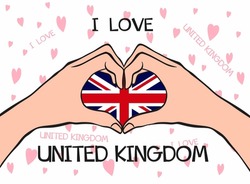 I Love United Kingdom. Heart Hand Gesture With United Kingdom Flag. Modern Design With Text I Love United Kingdom In Flat Style. Beautiful Background Design With Hearts. Vector Illustration Eps 10