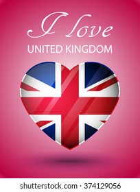I love United Kingdom - national flag on glossy Valentine's Day heart on pink background