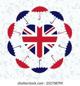 Love United Kingdom symbol. Heart flag, umbrellas, rain . Vector illustration.