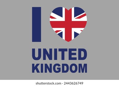 I love United Kingdom Word with UK heart shape, United Kingdom flag, The British flag, United Kingdom sign, national flag of Great Britain, Flag of United Kingdom, Colorful, Standard color, Vector