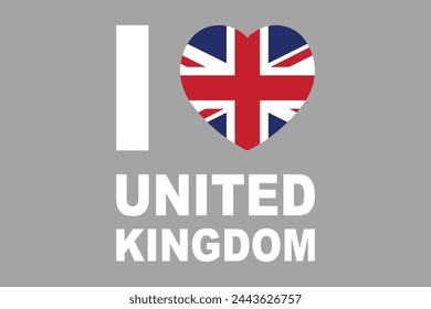 I love United Kingdom Word with UK heart shape, United Kingdom flag, The British flag, United Kingdom sign, national flag of Great Britain, Flag of United Kingdom, Colorful, Standard color, Vector