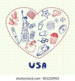 Love United States of America. Dotted heart filled with doodles associated with american nation on squared paper vector illustration. Memories about USA journey. Sketched with red and blue pen icons