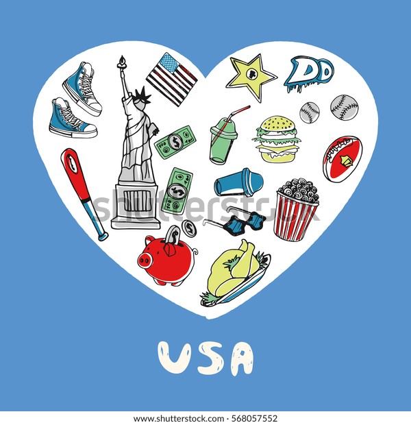 Love United States of America. White heart filled\
american culture related vintage doodles isolated on blue\
background vector illustration. Memories about USA journey.\
Sketched national symbols\
icons