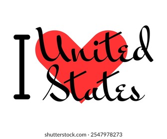 I love United States. Hand drawn letters with red heart. Vector illustration, lettering in modern design for print t shirt, banner, poster, sticker or label.