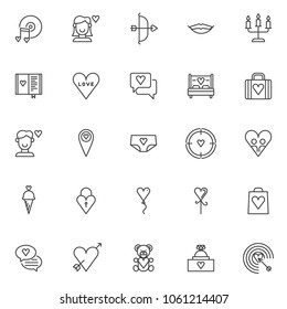 Love universal outline icons set. linear style symbols collection, line signs pack. vector graphics. Set includes icons as Romantic music with disc and heart notes, Woman in love and heart, Kiss lips