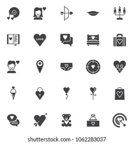 Love universal vector icons set, modern solid symbol collection, filled style pictogram pack. Signs, logo illustration. Set includes icons as Romantic music with disc and heart notes, Kiss lips