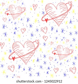 Love universe. Hand drawn elements, seamless pattern. Vector sketchy, hearts shape planets and stars. Love cosmos - space.