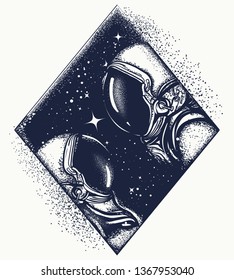 Love in universe tattoo and t-shirt design. Two astronauts. Romantic symbol of eternal love