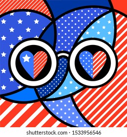 I LOVE USA abstract American flag in round glasses, pop art modern image. Modern pop art style. Trendy editable print for T-shirt, bag, sticker, mobile wallpaper or poster. 