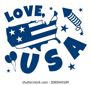 Love USA design with USA flag map, Stars and balloons. 4th of july.