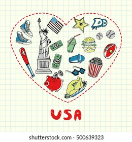 Love USA. Dotted heart filled with colored doodles associated with american nation on squared paper vector illustration. Memories about U.S. journey. Sketched food, culture, finances, sport icons