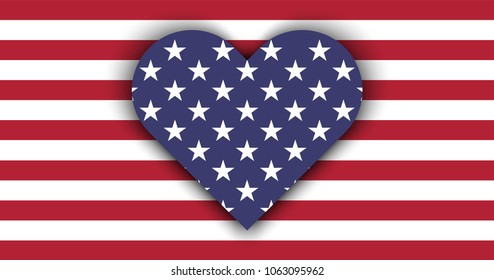 Love USA. Flag Heart with shadow for Independence Day 4 July and Valentine's Day 14 February