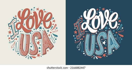 I love USA. Happy 4th of July USA Independence Day greeting card with waving american national flag. ourth of July typographic design. Usable as greeting card, banner, background.