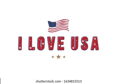 I love USA. Patriotic font lettering in American style with country flag for prints on clothes and souvenirs. Flat vector illustration EPS10