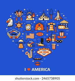 Amor USA imprimir con viajes América atracciones culturales e iconos de Lugares famosos estilizados en el corazón. Tarjeta del Día de la Independencia Americana con Elementos de diseño de los Estados Unidos, símbolos nacionales y maravillas naturales.