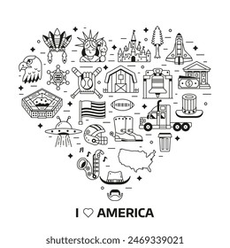 Amor USA imprimir con viajes América atracciones culturales e iconos de Lugares famosos estilizados en el corazón. Tarjeta del Día de la Independencia Americana con Elementos de diseño de los Estados Unidos, símbolos nacionales y maravillas naturales.