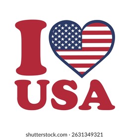 I Love USA Vector illustration. Heart Shaped American Flag. Vector Independence Day Typography For T Shirts, Posters, Banners, Cards, Party Decor, Balloons