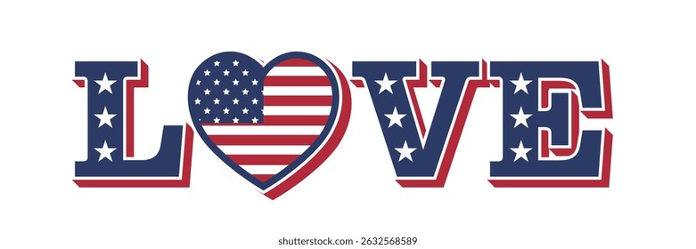 Love USA Vector illustration. Heart Shaped American Flag. Vector Independence Day Typography For T Shirts, Posters, Banners, Cards, Party Decor, Balloons