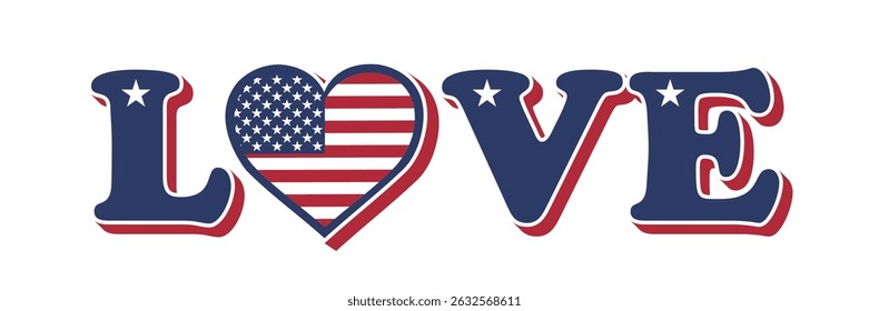 Love USA Vector illustration. Heart Shaped American Flag. Vector Independence Day Typography For T Shirts, Posters, Banners, Cards, Party Decor, Balloons