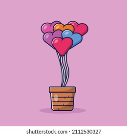 Love Valentine Air Balloon Flat Vector Illustration Icon On Pink Background for web, landing page, sticker, banner, card, clip-art