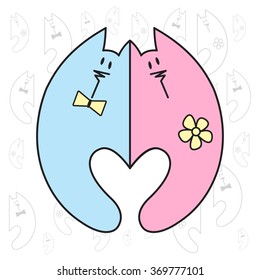 Love Valentine art. Romantic vintage clipart with cats. Valentine's Day or wedding vector illustration. 