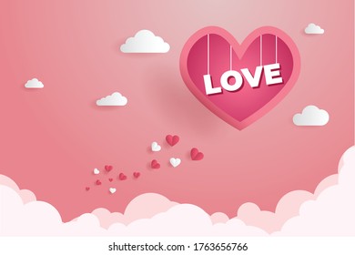 love and valentine background in paper style. Red hearts, balloons on a sky background. EPS 10