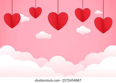 Love and valentine background. red hanging hearts on a light pink background with fluffy clouds. Design for Poster, Banner, Post, Flyer, Greeting, Card, Cover. Valentine's Day. Vector illustration.