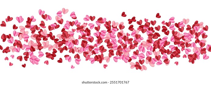 Amor de fondo de San Valentín con pétalos rojos y rosados de corazones sobre fondo transparente. Anuncio de Vector, postal, fondo. El 14 de febrero. Vector EPS 10