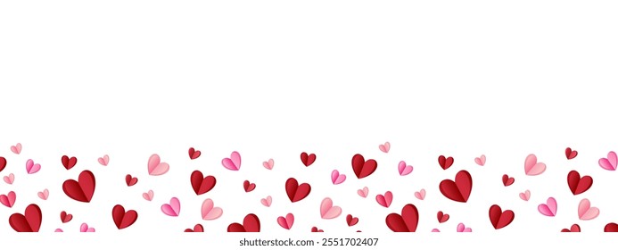 Love valentine background with red and pink petals of hearts on transparent background. Vector banner, postcard, background. The 14th of February. Vector EPS 10