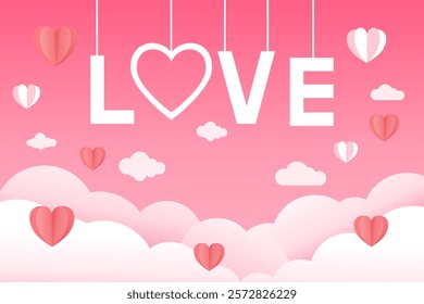 Love and valentine background. The word “LOVE” in bold white from strings on a pink gradient background. Clouds and paper hearts surround it. Design for Poster, Banner, Greeting, Card Valentine's Day.