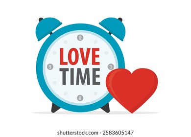 Love and Valentine concept, red heart and alarm clock. Time to love. Timepiece colored isolated on white background. flat vector illustration