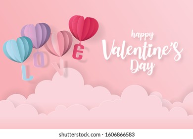 Love and valentine day card with heart balloon, gift and clouds. Paper cut style, Vector illustration.