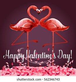 Love and Valentine Day card. Romantic pink flamingo birds join heads to create a heart. Greeting card with love birds and rose flower petals. Festive poster for Valentine Day design