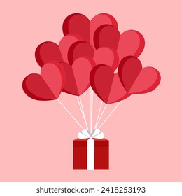 Love and valentine day concept. Balloon heart shape hang the gift box float on the sky.