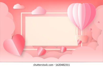 Love and valentine day. Frame with balloon flying over cloud and heart on the sky.Paper cut style. Vector illustration.