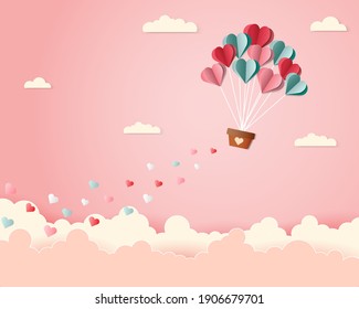 love and valentine day with heart balloon and clouds. Paper cut style.