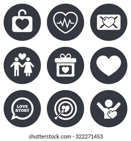 Love, valentine day icons. Target with heart, oath letter and locker symbols. Couple lovers, heartbeat signs. Gray flat circle buttons. Vector